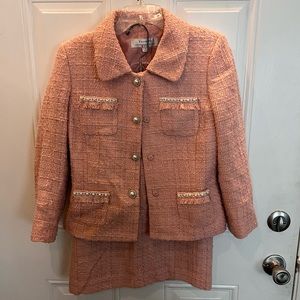 Tahari pink tweed skirt suit with pearl detail size 2